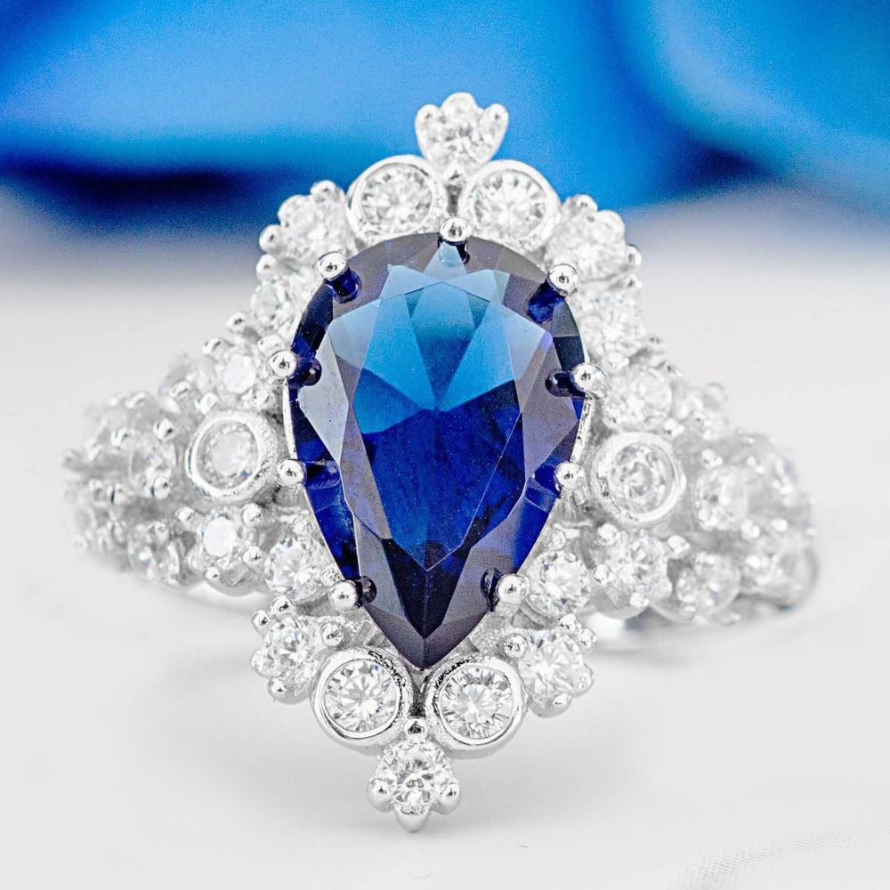 Blue Teardrop Sapphire Ring with Diamond Halo - Women Jewelry Rings